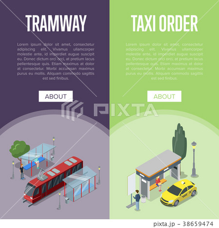 Taxi and tramway station isometric 3D posters 38659474