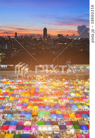 Night Flea market aerial view in Bangkok city  38660356