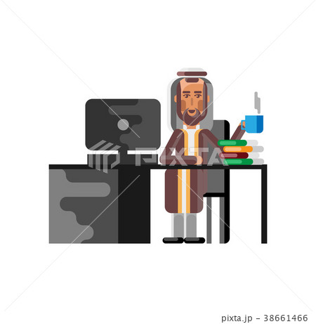 Arabic man sitting at office desk with computer Arabic man sitting at office desk with computer 38661466