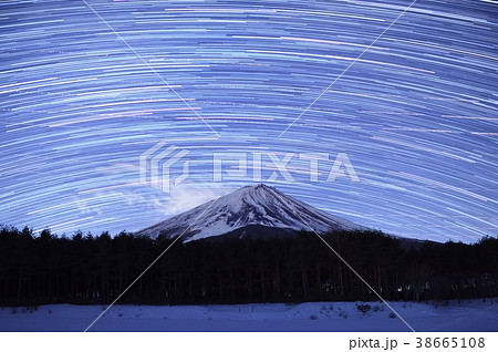 富士山と星の軌跡の写真素材