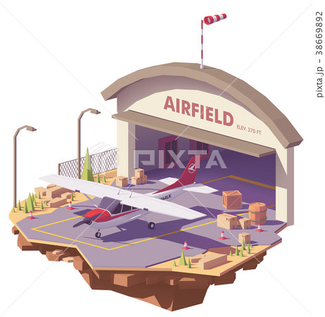 Vector low poly airfield with hangar and airplane 38669892
