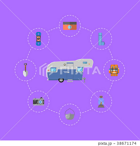 Tourist equipments infographics with trailer 38671174
