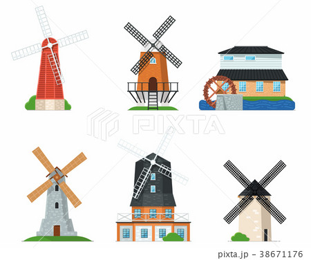 Traditional old windmill buildings on white set 38671176