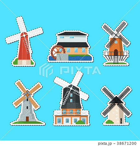 Traditional old windmill buildings isolated labels 38671200