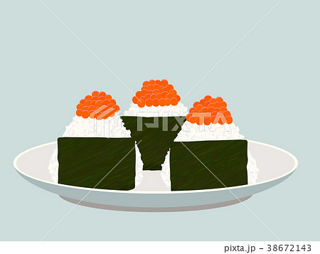 Onigiri topped with salmon roe ikura on the plate. 38672143