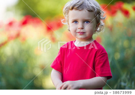 A small blond boy is holding red poppy flower 38673999