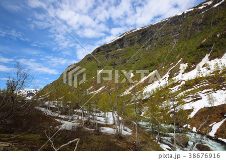 Spring mountains and melting snow 38676916