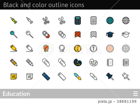 Black and color outline icons, thin stroke line 38681199