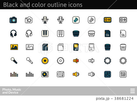 Black and color outline icons, thin stroke line 38681224
