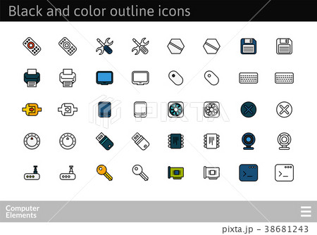 Black and color outline icons, thin stroke line 38681243
