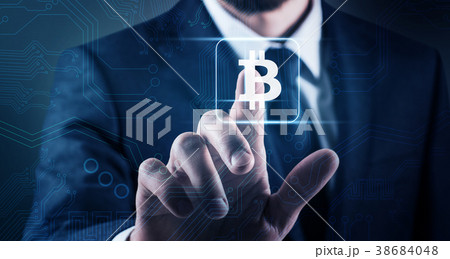 Businessman point on cryptocurrency digital icon. Businessman point on cryptocurrency digital icon. 38684048