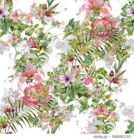 Watercolor painting of leaf and flowers, pattern 38686230