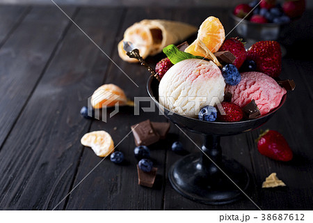 Bowl with ice cream with three different scoops Bowl with ice cream with three different scoops 38687612
