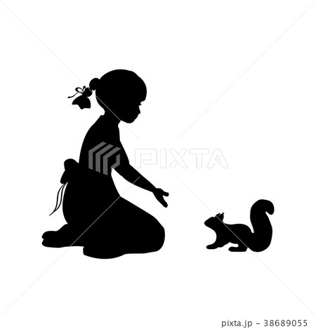 Silhouette girl sitting knees beckon squirrel Silhouette girl sitting knees beckon squirrel 38689055