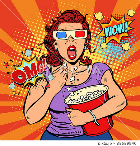 Woman in 3d glasses watching a scary movie and Woman in 3d glasses watching a scary movie and 38689940