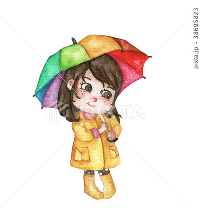 girl in raincoat hiding under colorful umbrella girl in raincoat hiding under colorful umbrella 38695823