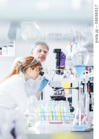 Health care researchers microscoping in scientific 38696917