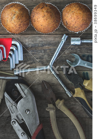 Top View of Banana Cupcake and Tools. Top View of Banana Cupcake and Tools. 38699349