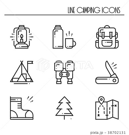 Hiking and Camping Line Icons Set. Outdoor Camp 38702131