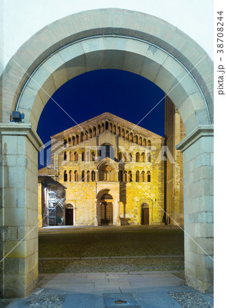 City square with Baptistery and Cathedral of night Parma in Italy 38708244
