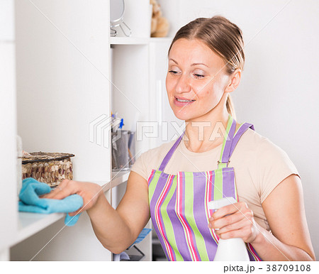 Positive woman wiping shelves 38709108