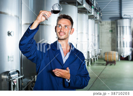 Man worker standing with glass of wine in fermenting section on winery 38710203