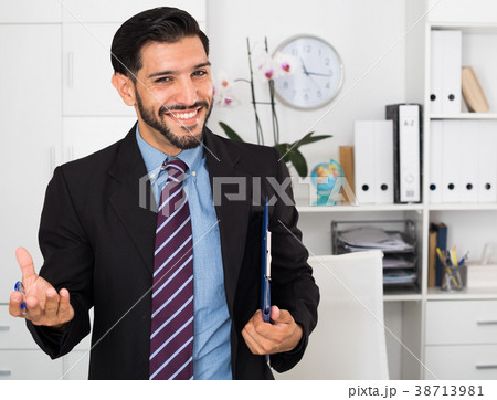 Excited male is talking about successful contract 38713981