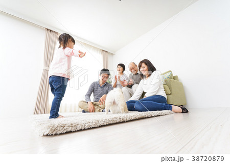 家族で犬と遊ぶ幸せな三世代ファミリー 家族で犬と遊ぶ幸せな三世代ファミリー 38720879