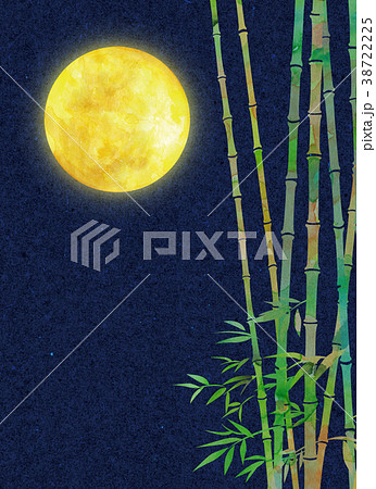 水彩イラスト 月 竹林 夜桜のイラスト素材