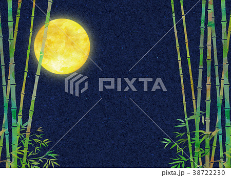 水彩イラスト　月　竹林　夜桜 38722230