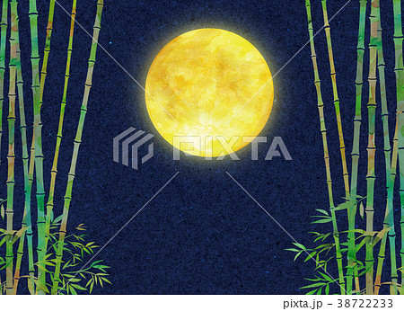 水彩イラスト 月 竹林 夜桜のイラスト素材