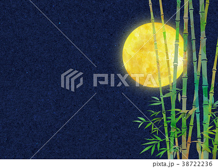 水彩イラスト 月 竹林 夜桜のイラスト素材