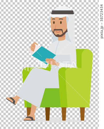 Arab men in national costumes are sitting on the sofa and reading 38723434