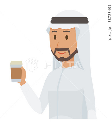 民族衣装を着たアラブの男性がコーヒーを持っているのイラスト素材