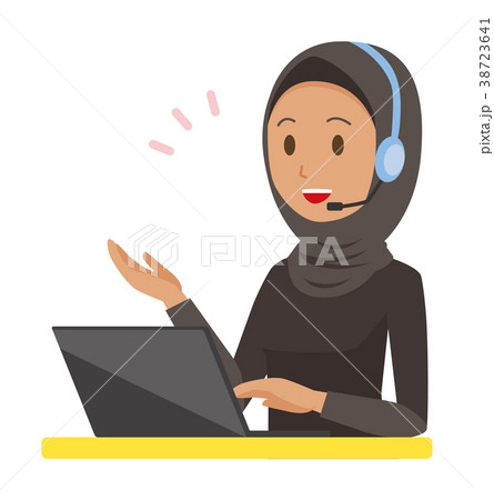 民族衣装を着たアラブの女性がヘッドセットで通話しているのイラスト素材