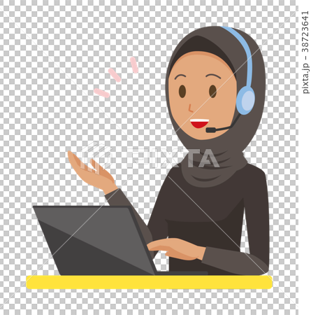 Arab woman wearing a folk costume is talking on headset 38723641