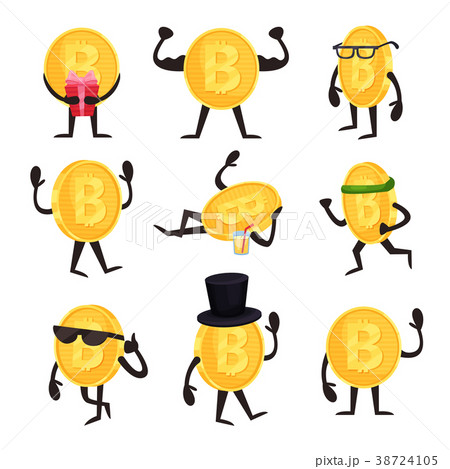Cartoon Set Of Golden Coin Characters With Bitcoinのイラスト素材