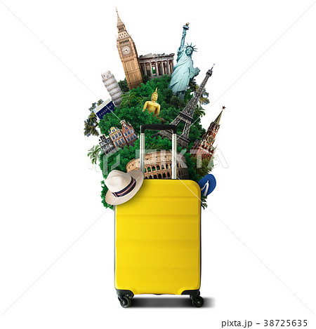 Yellow travel bag with world landmark 38725635
