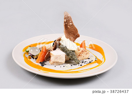 chicken breast with vegetables on a white plate. chicken breast with vegetables on a white plate. 38726437