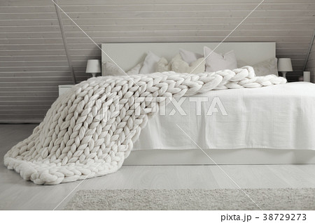 White nordic bedroom interior with knit plaid White nordic bedroom interior with knit plaid 38729273