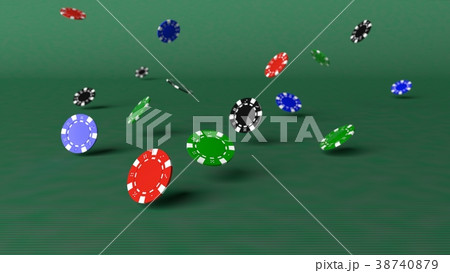 Poker chips falling down on a green table 38740879