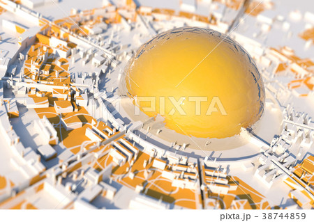 Futuristic city with large orange dome at center 38744859