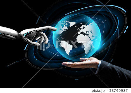 human and robot hand with virtual earth hologram 38749987