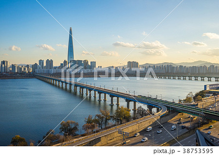 Seoul cityscape skyline with blue sky in Korea 38753595