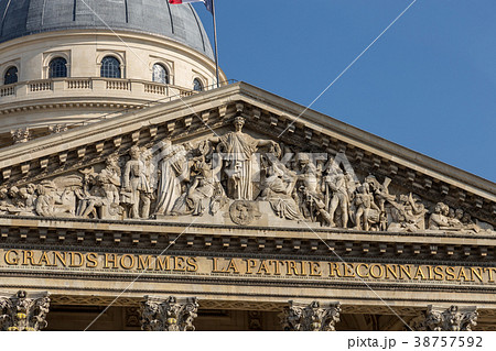 Top of the facade of the pantheon in Paris 38757592