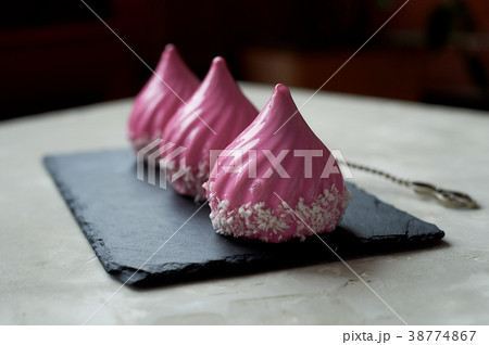 Three beautiful mousse cakes covered with mirror Three beautiful mousse cakes covered with mirror 38774867