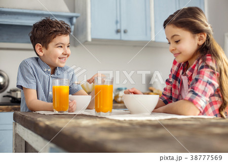 Joyful brother and sister having healthy breakfast Joyful brother and sister having healthy breakfast 38777569
