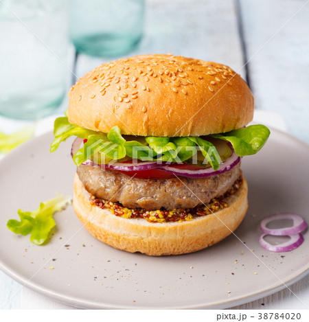 Burger on a plate. Light blue background. 38784020