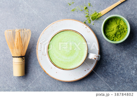 Matcha green tea latte in a cup. Top view. 38784802