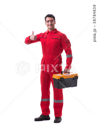 Contractor worker in red coveralls with toolbox 38784839